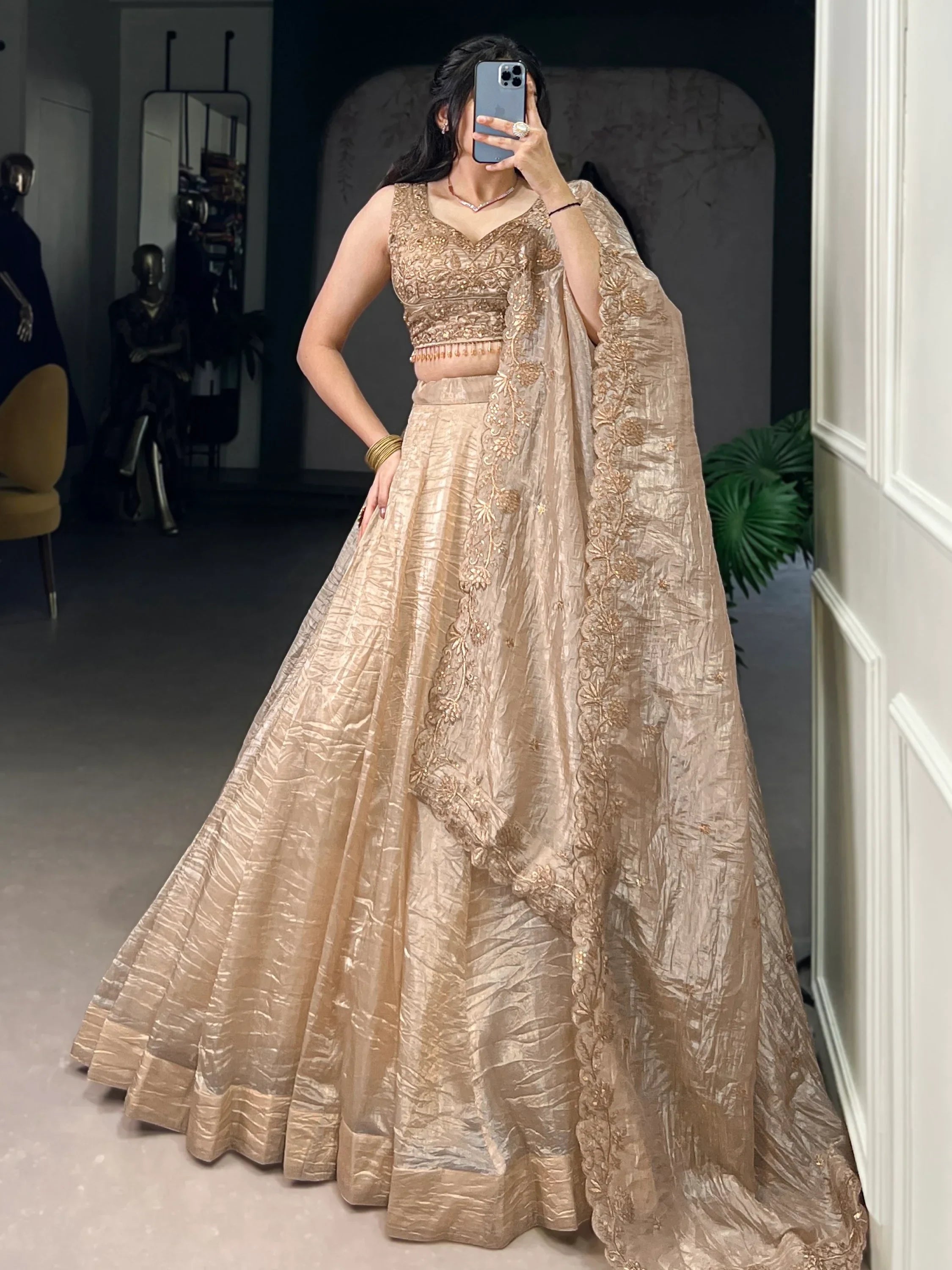 Adorable Golden Sequins Organza Wedding Lehenga Choli With Dupatta