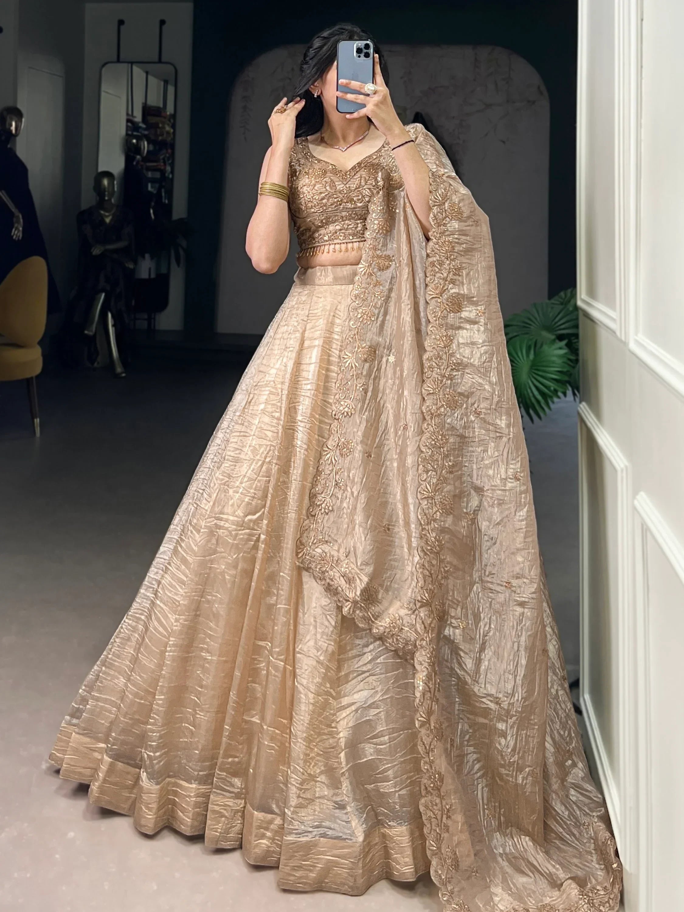 Adorable Golden Sequins Organza Wedding Lehenga Choli With Dupatta