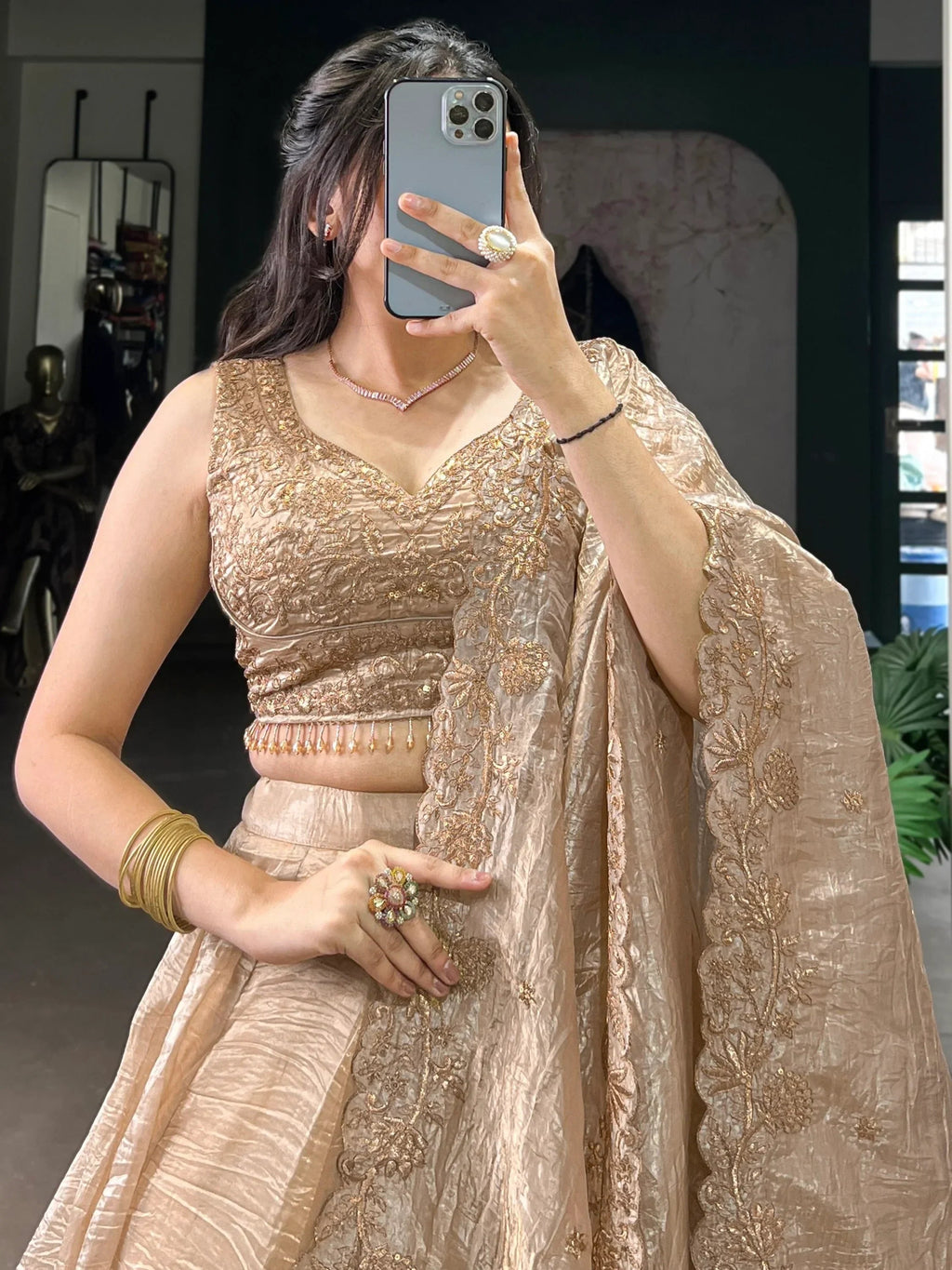 Adorable Golden Sequins Organza Wedding Lehenga Choli With Dupatta