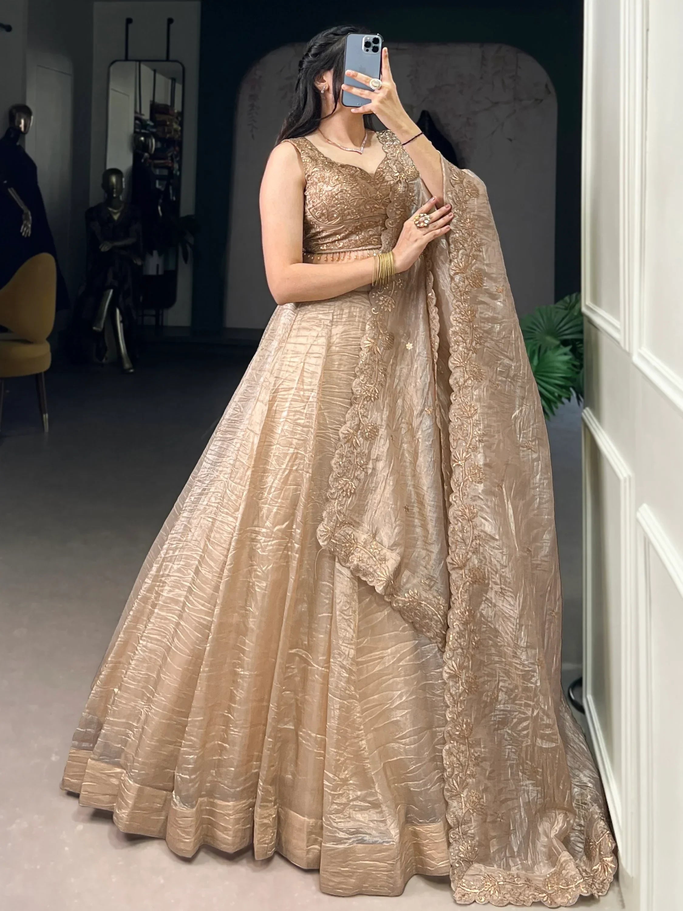 Adorable Golden Sequins Organza Wedding Lehenga Choli With Dupatta