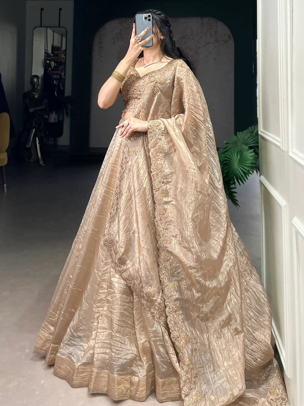 Adorable Golden Sequins Organza Wedding Lehenga Choli With Dupatta