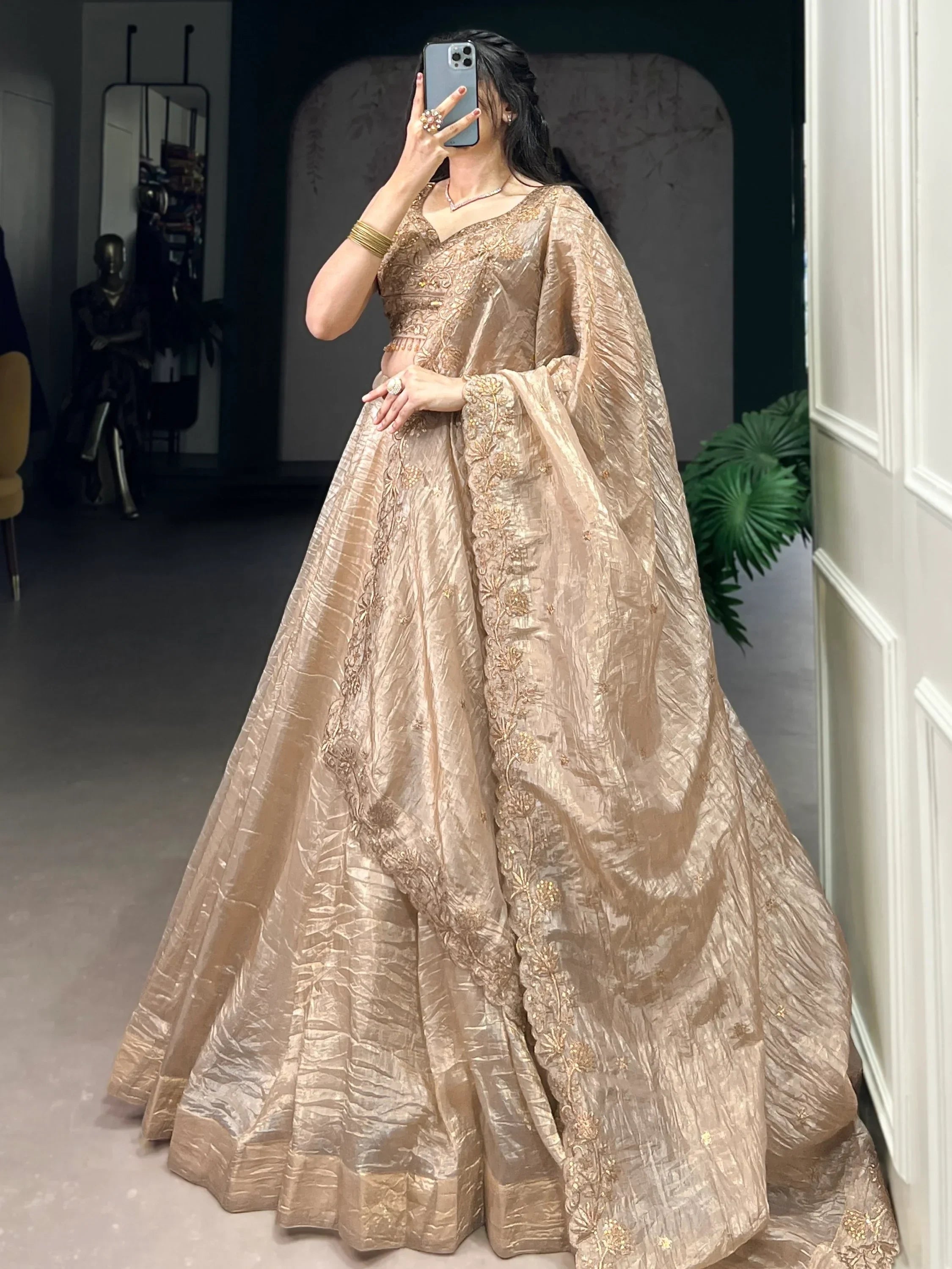 Adorable Golden Sequins Organza Wedding Lehenga Choli With Dupatta