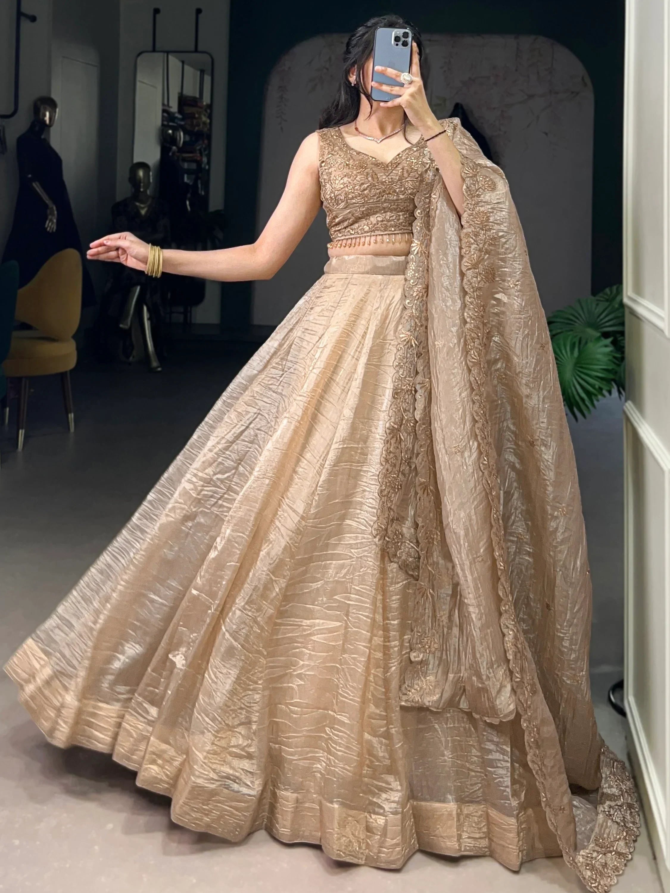 Adorable Golden Sequins Organza Wedding Lehenga Choli With Dupatta
