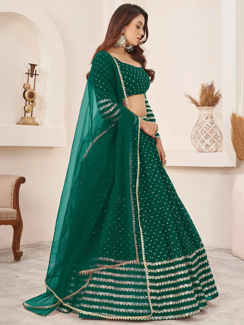 Adorable Green Color Sequins Work Georgette Wedding Wear Lehenga Choli