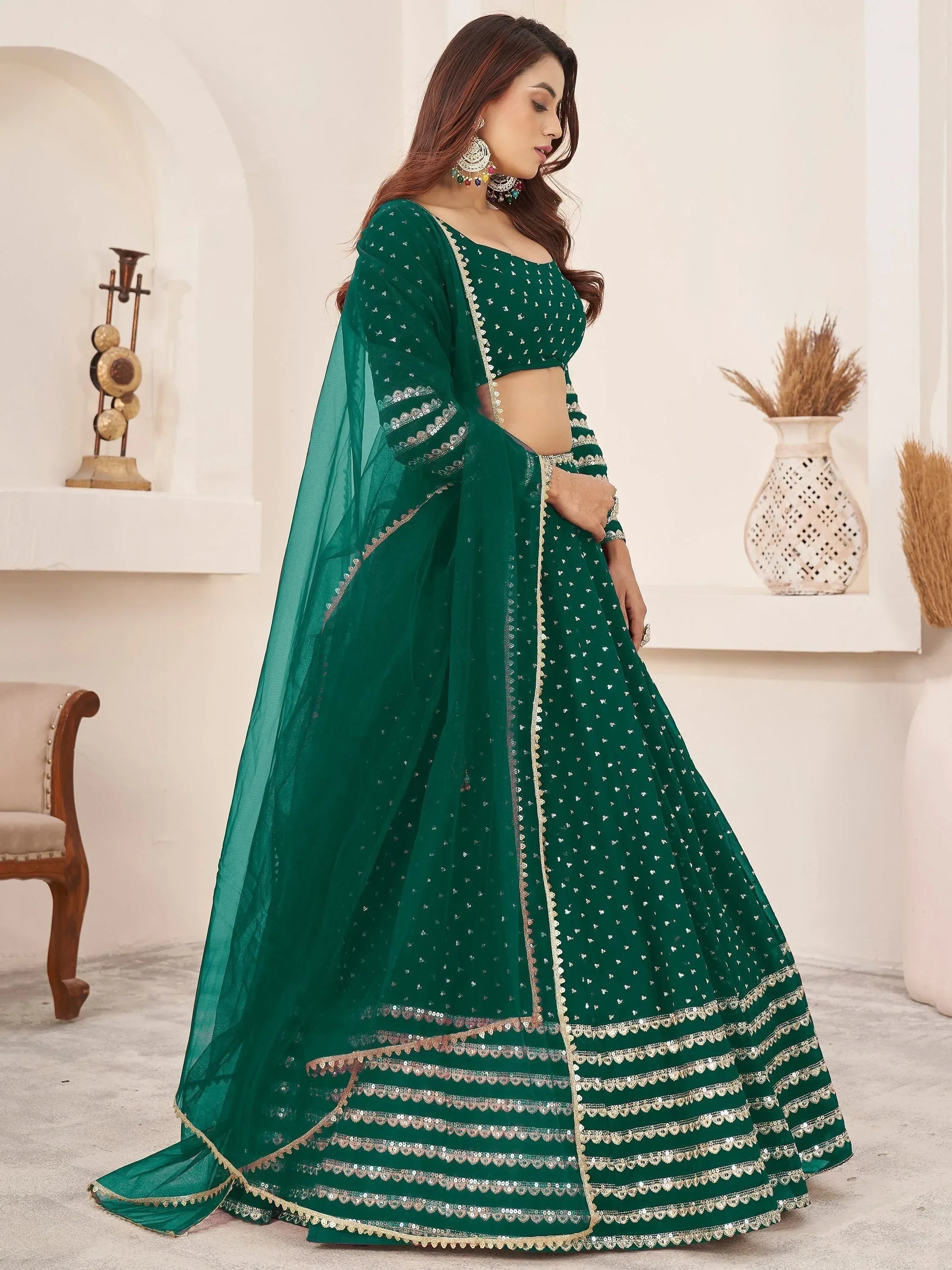 Adorable Green Color Sequins Work Georgette Wedding Wear Lehenga Choli