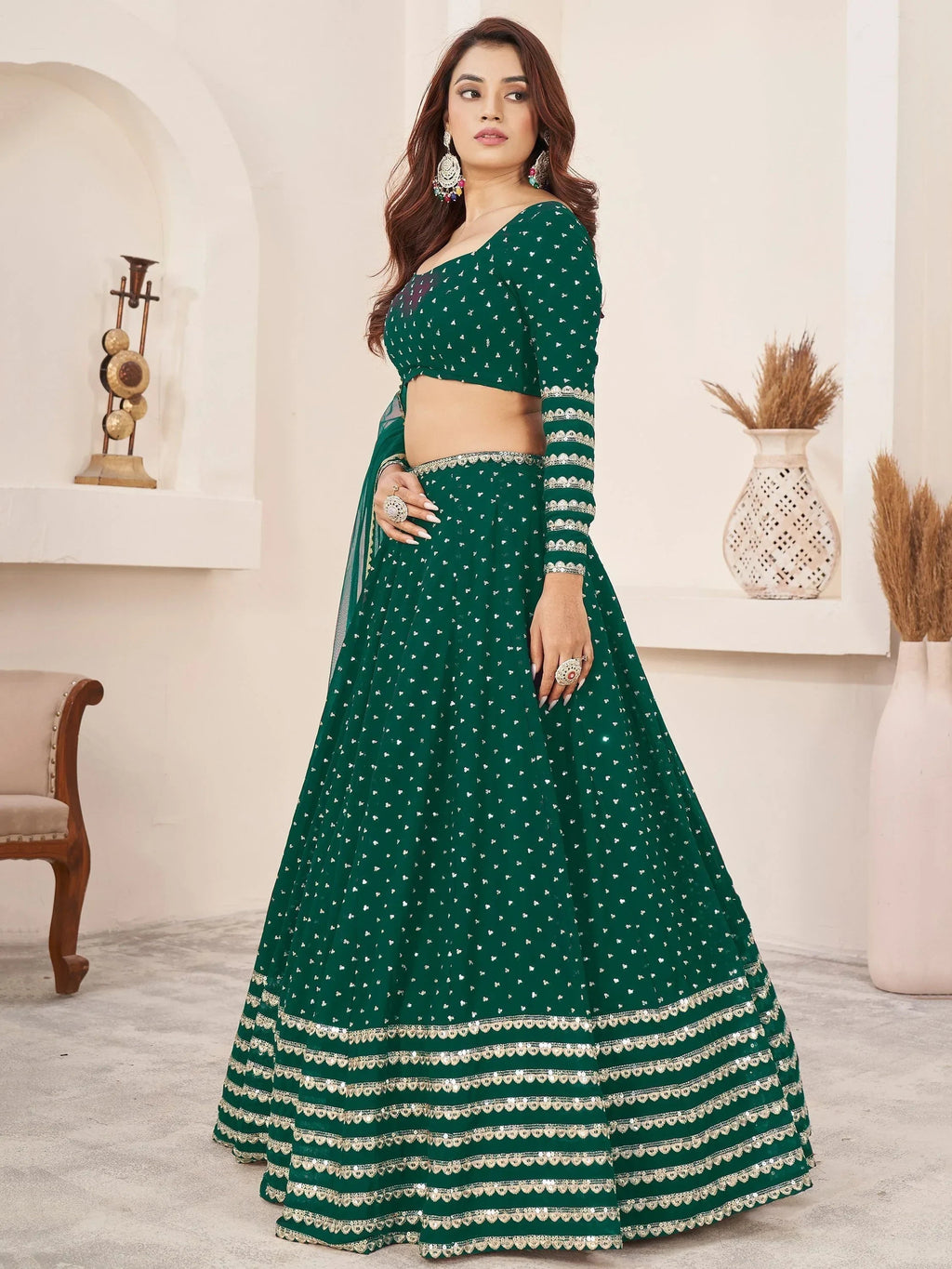 Adorable Green Color Sequins Work Georgette Wedding Wear Lehenga Choli