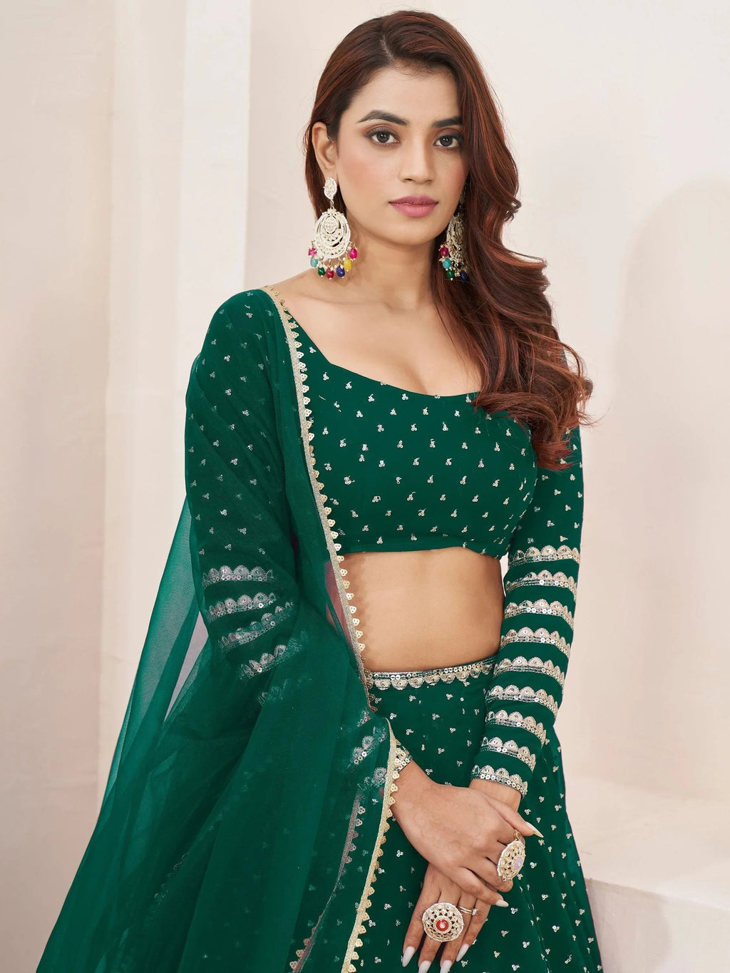 Adorable Green Color Sequins Work Georgette Wedding Wear Lehenga Choli