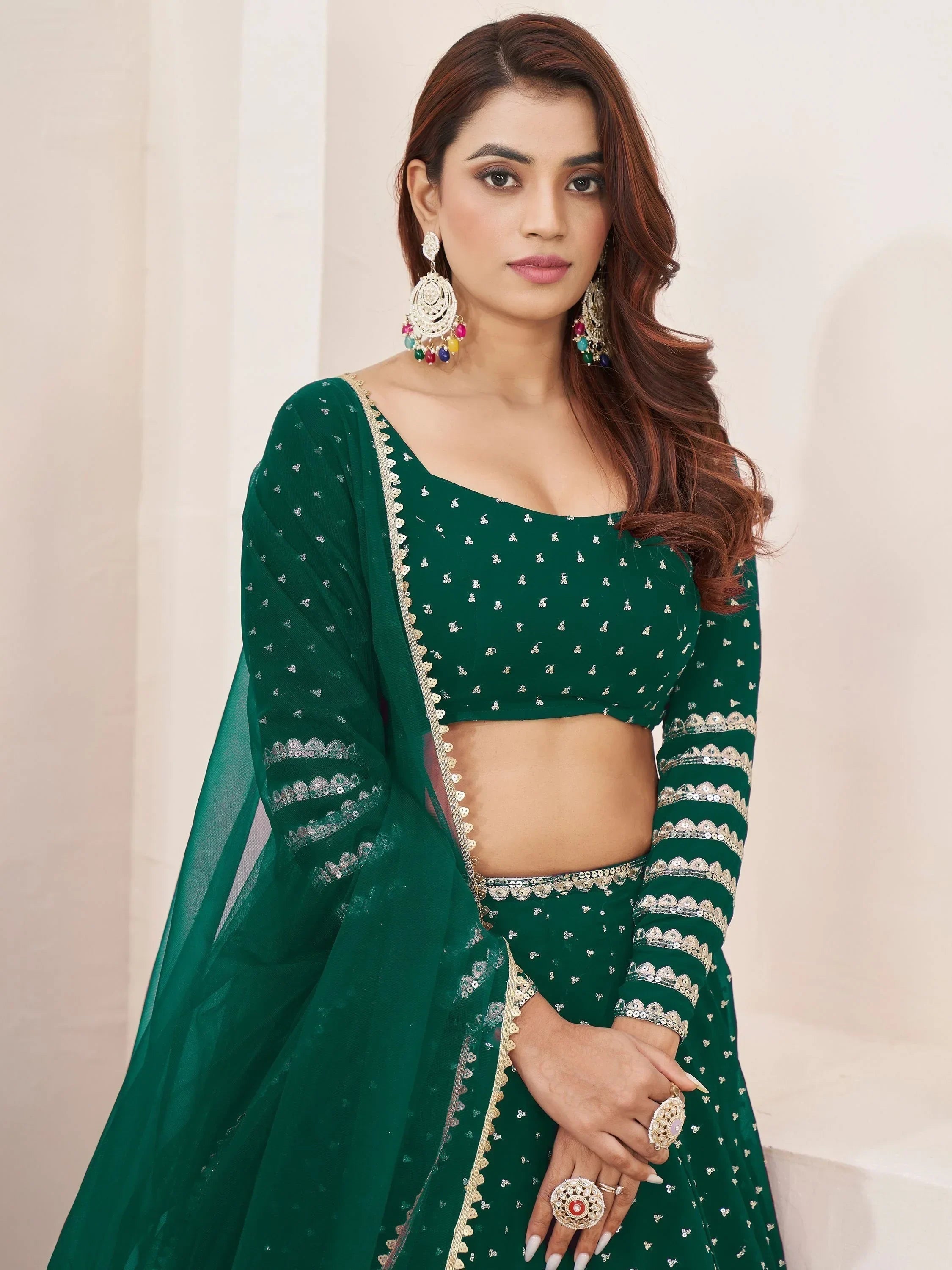 Adorable Green Color Sequins Work Georgette Wedding Wear Lehenga Choli