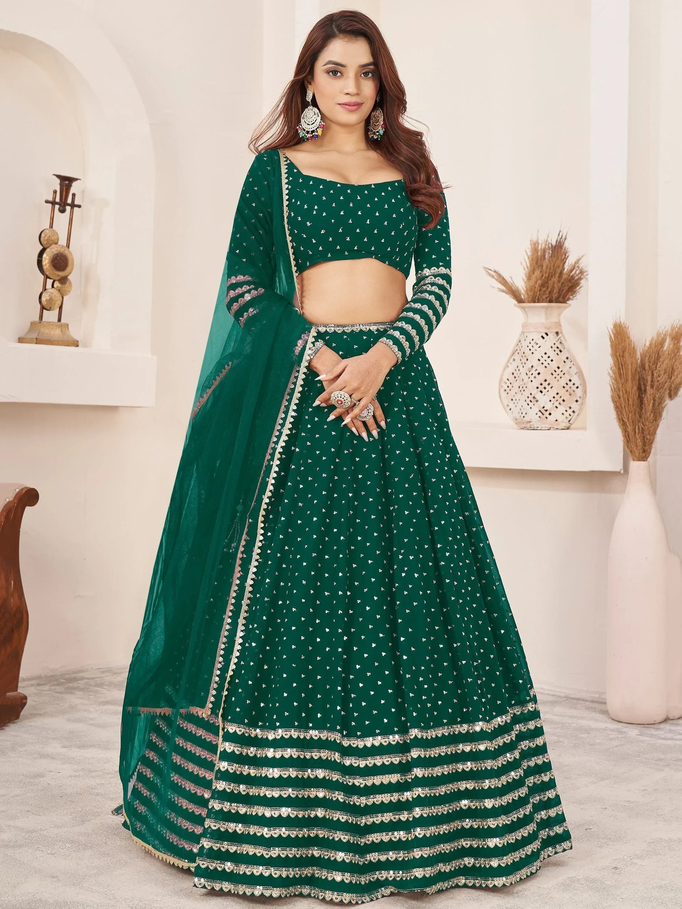 Adorable Green Color Sequins Work Georgette Wedding Wear Lehenga Choli