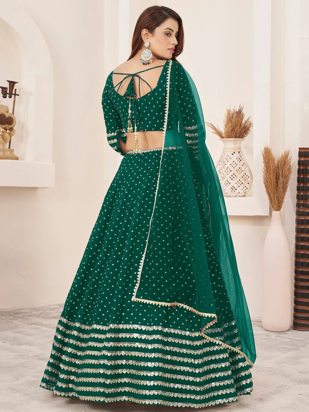 Adorable Green Color Sequins Work Georgette Wedding Wear Lehenga Choli