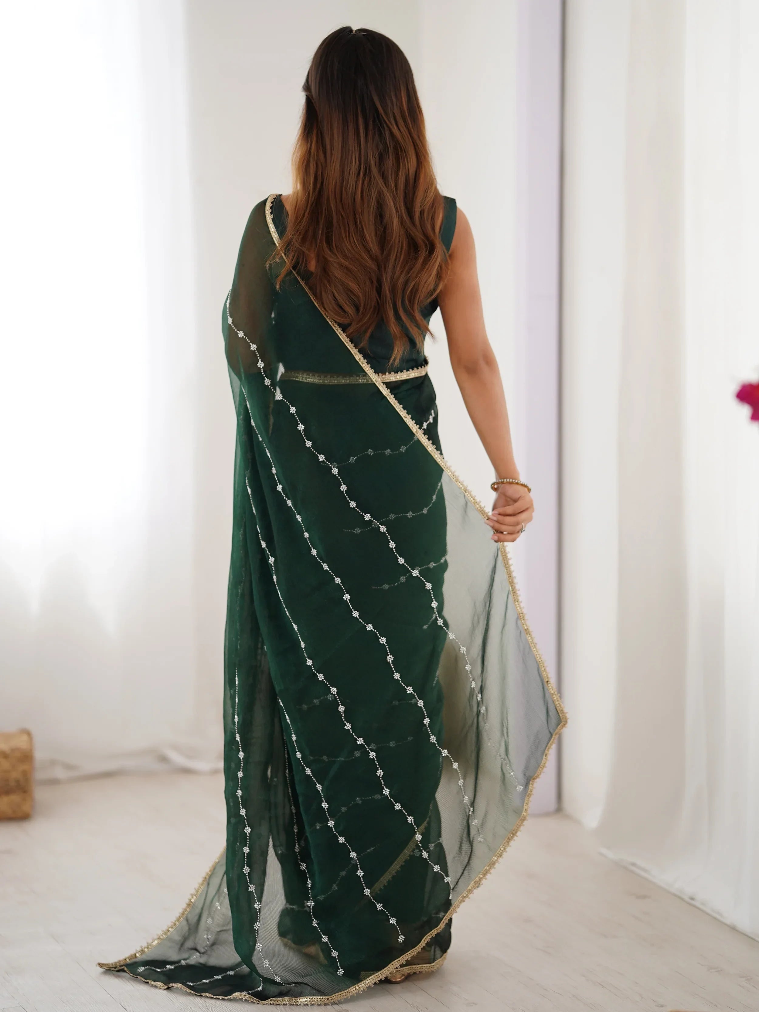 Green Majestic Chiffon Beads Work Saree With Blouse