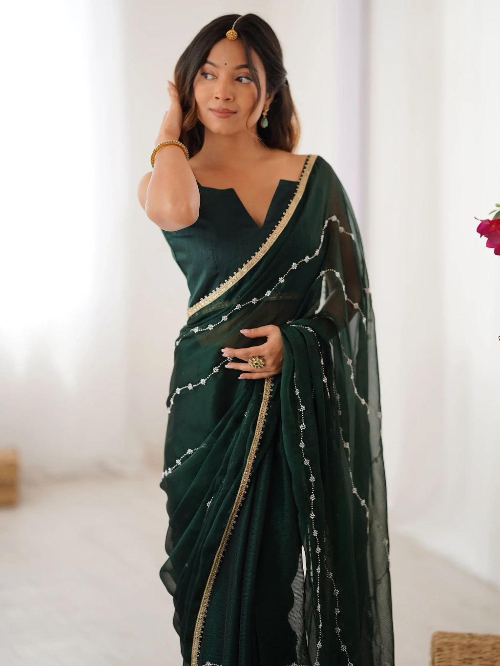 Green Majestic Chiffon Beads Work Saree With Blouse