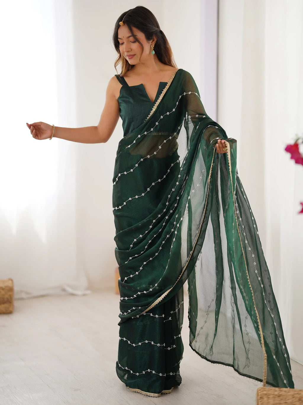 Green Majestic Chiffon Beads Work Saree With Blouse