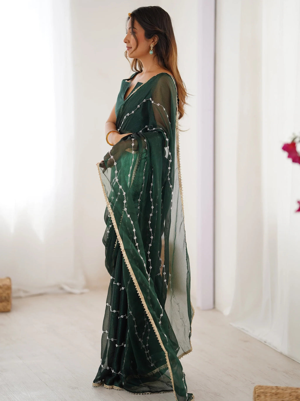 Green Majestic Chiffon Beads Work Saree With Blouse