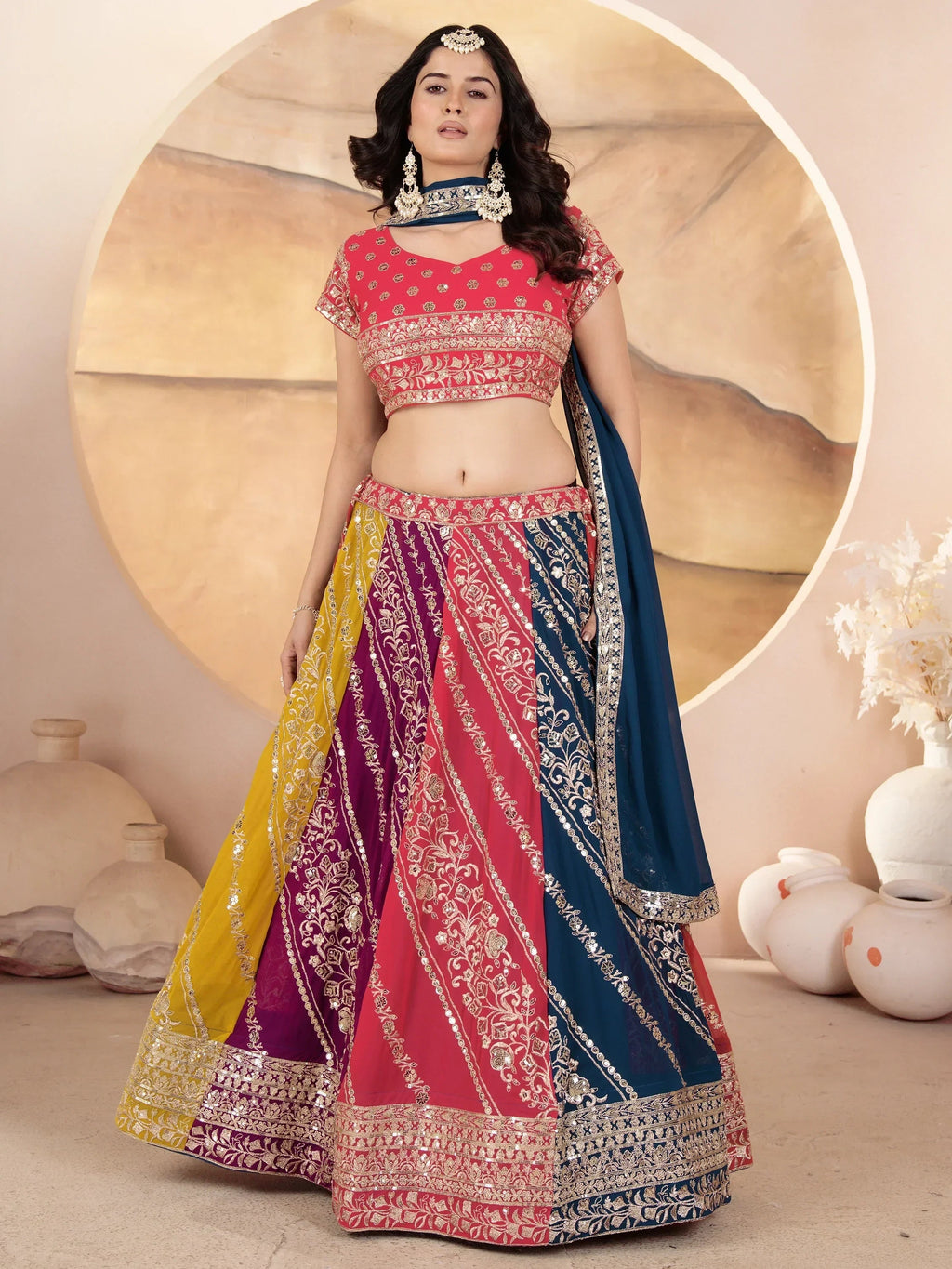 Adorable Multi-Color Sequins Georgette Lehenga Choli With Dupatta