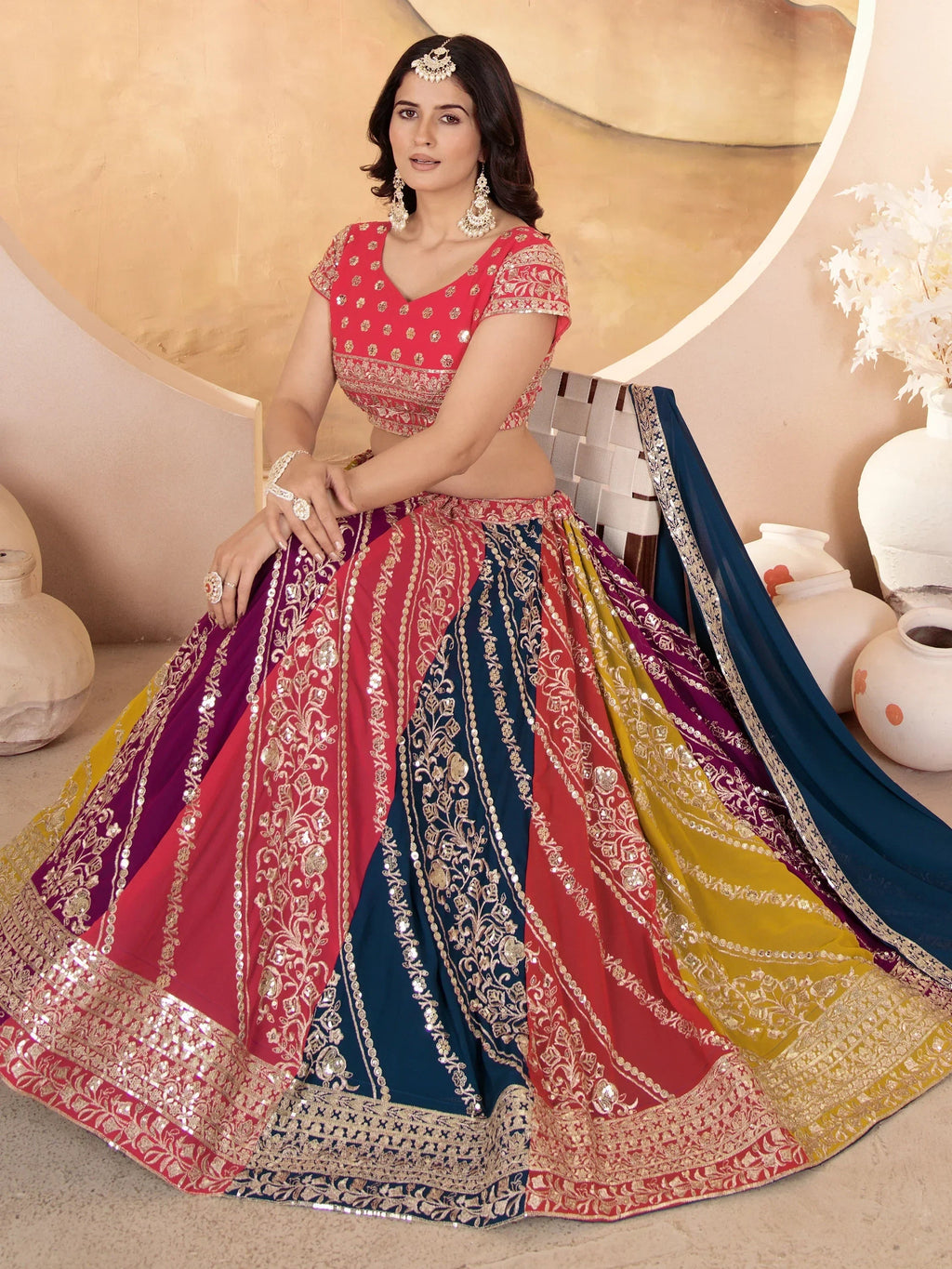 Adorable Multi-Color Sequins Georgette Lehenga Choli With Dupatta