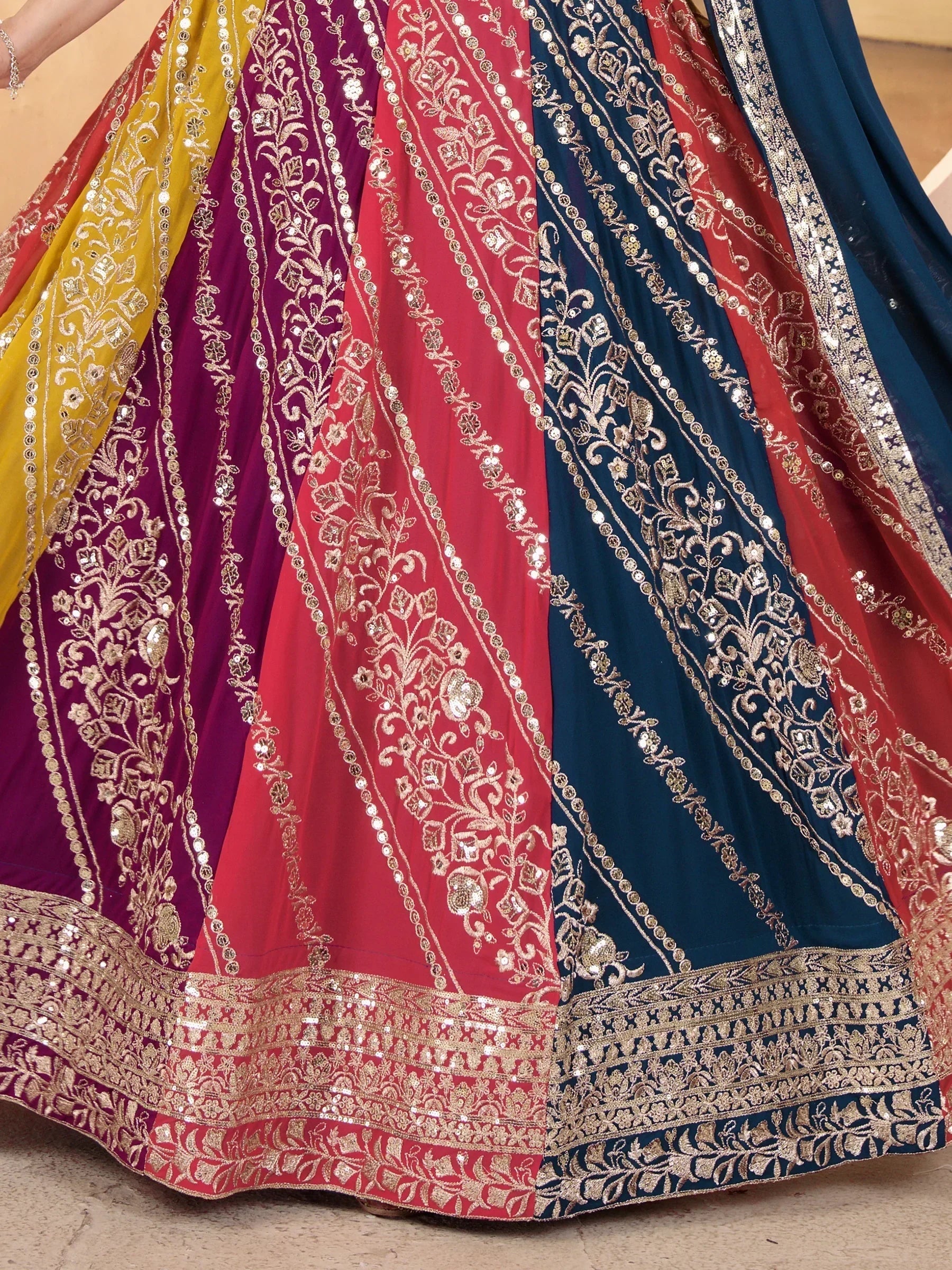 Adorable Multi-Color Sequins Georgette Lehenga Choli With Dupatta
