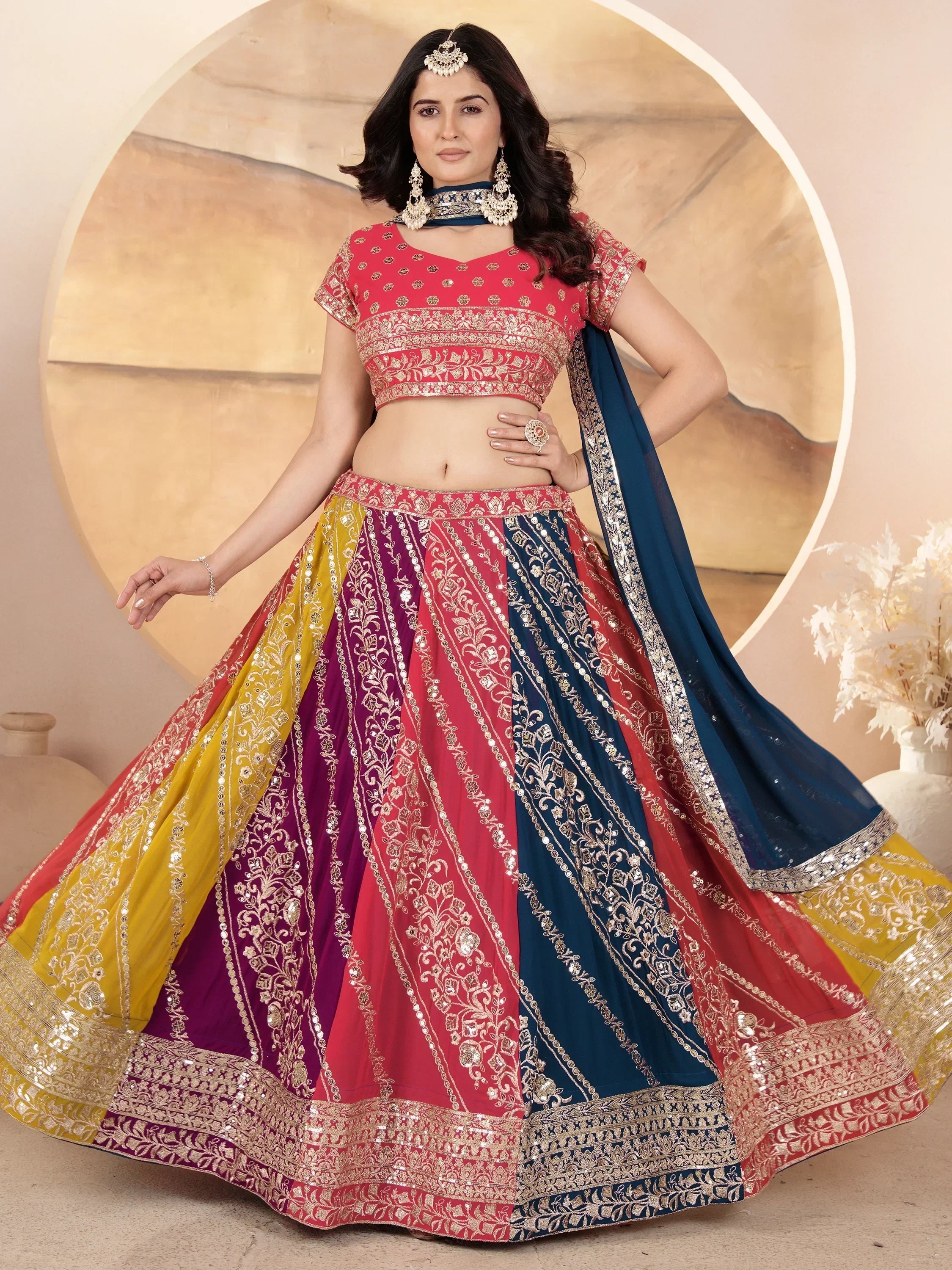 Adorable Multi-Color Sequins Georgette Lehenga Choli With Dupatta