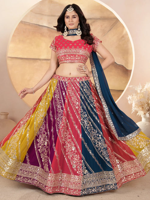 Adorable Multi-Color Sequins Georgette Lehenga Choli With Dupatta