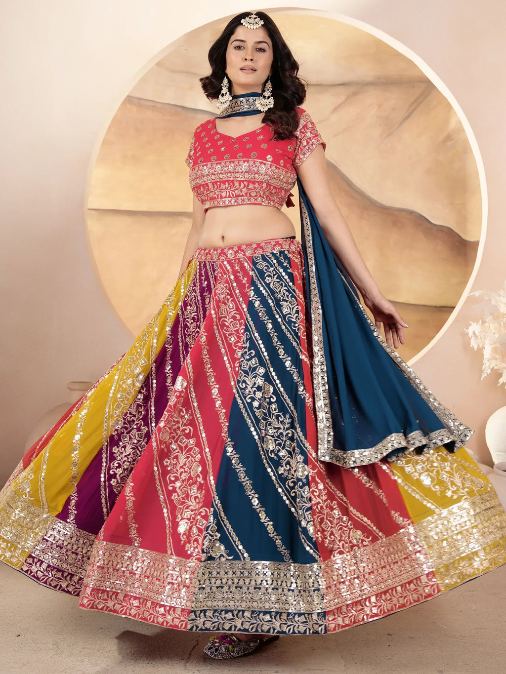 Adorable Multi-Color Sequins Georgette Lehenga Choli With Dupatta