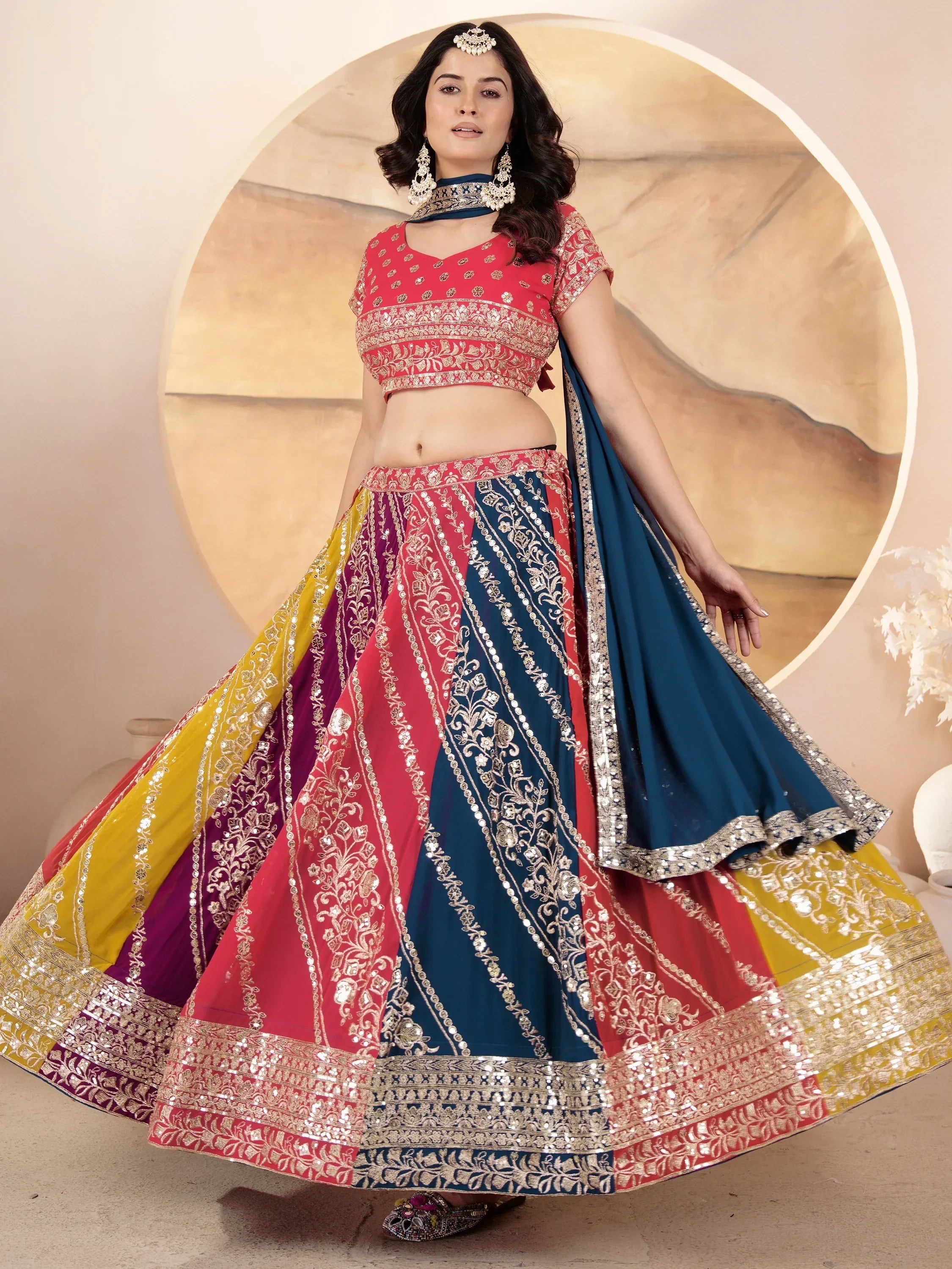 Adorable Multi-Color Sequins Georgette Lehenga Choli With Dupatta