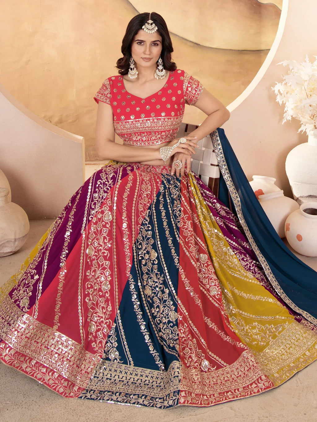 Adorable Multi-Color Sequins Georgette Lehenga Choli With Dupatta