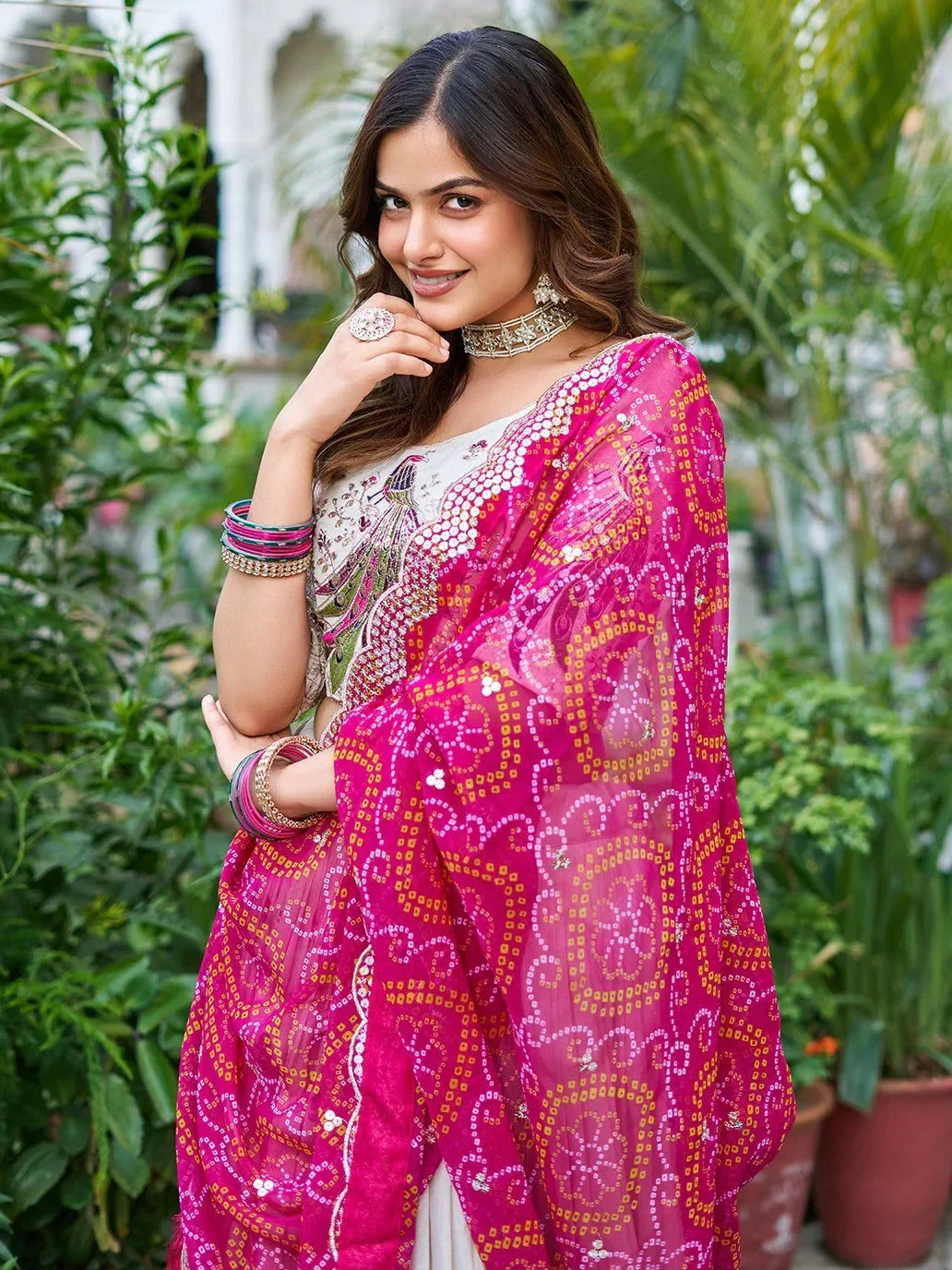 Adorable Off-White Thread Work Tissue Silk Lehenga Choli With Dupatta