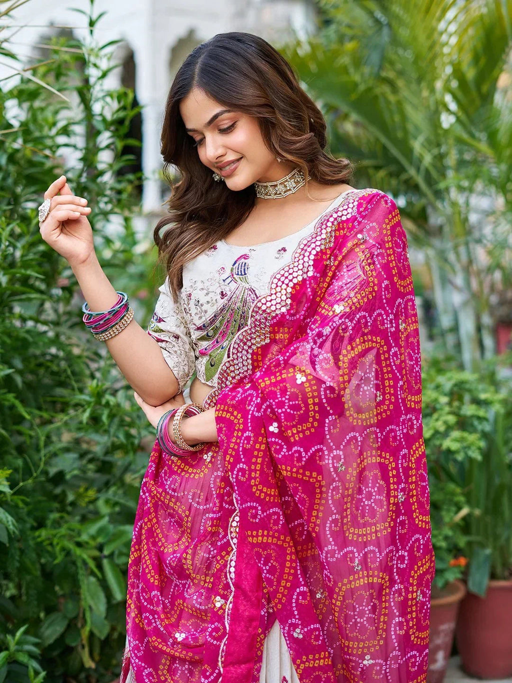 Adorable Off-White Thread Work Tissue Silk Lehenga Choli With Dupatta