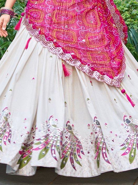 Adorable Off-White Thread Work Tissue Silk Lehenga Choli With Dupatta