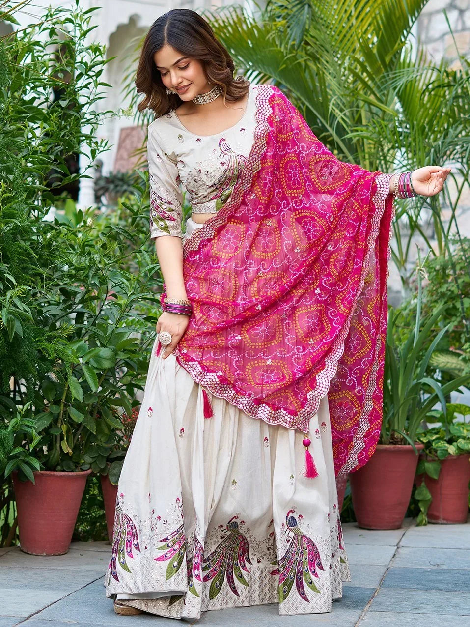 Adorable Off-White Thread Work Tissue Silk Lehenga Choli With Dupatta