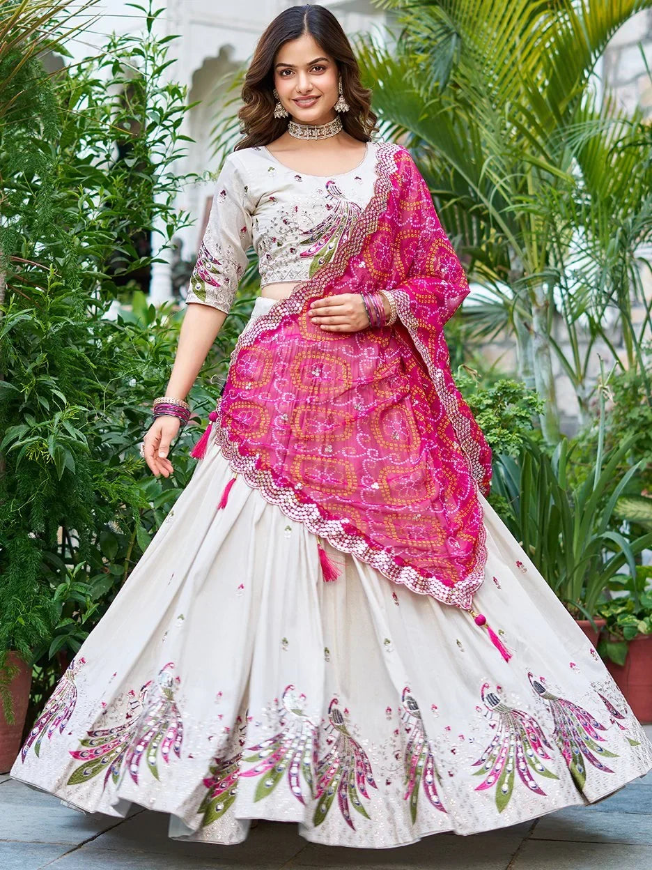 Adorable Off-White Thread Work Tissue Silk Lehenga Choli With Dupatta