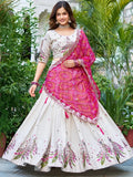 Adorable Off-White Thread Work Tissue Silk Lehenga Choli With Dupatta