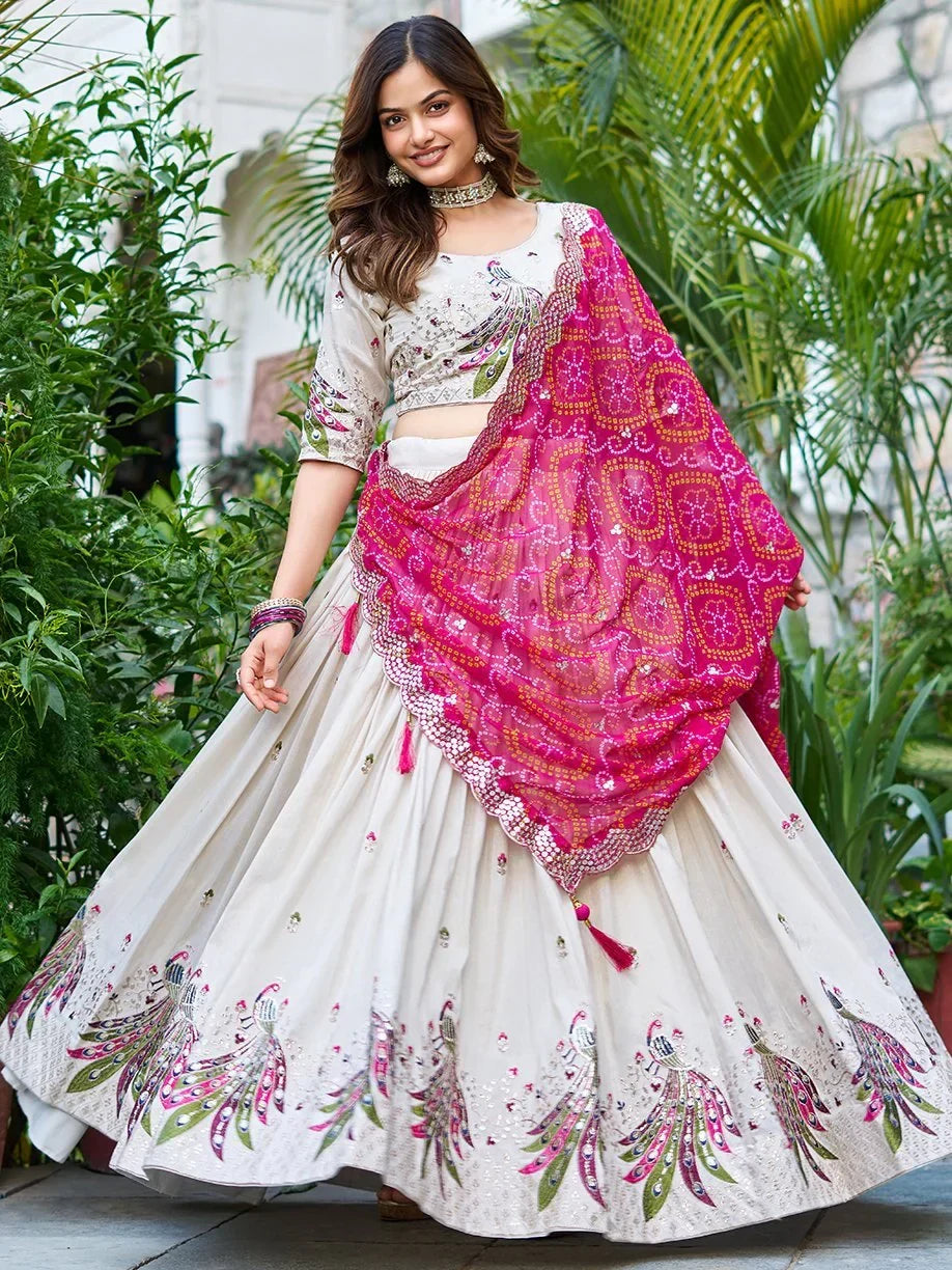 Adorable Off-White Thread Work Tissue Silk Lehenga Choli With Dupatta