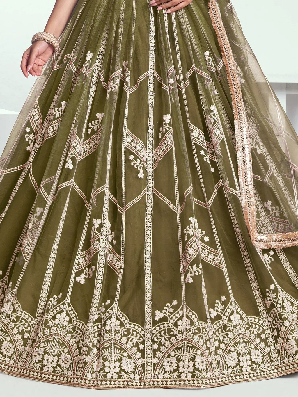 Adorable Olive Green Sequins Net Mehendi Wear Lehenga Choli