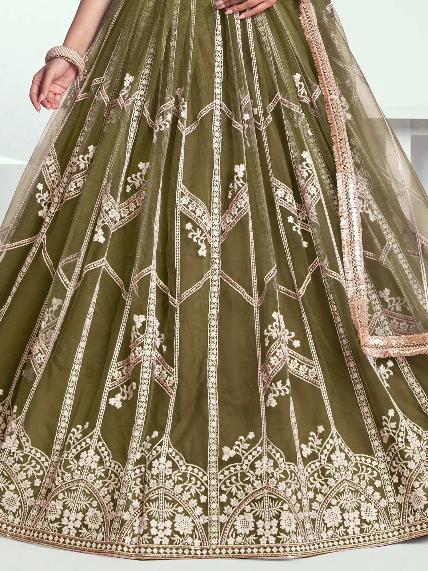 Adorable Olive Green Sequins Net Mehendi Wear Lehenga Choli