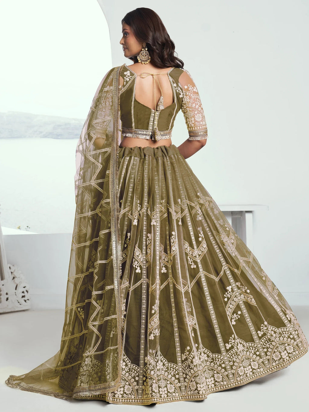 Adorable Olive Green Sequins Net Mehendi Wear Lehenga Choli