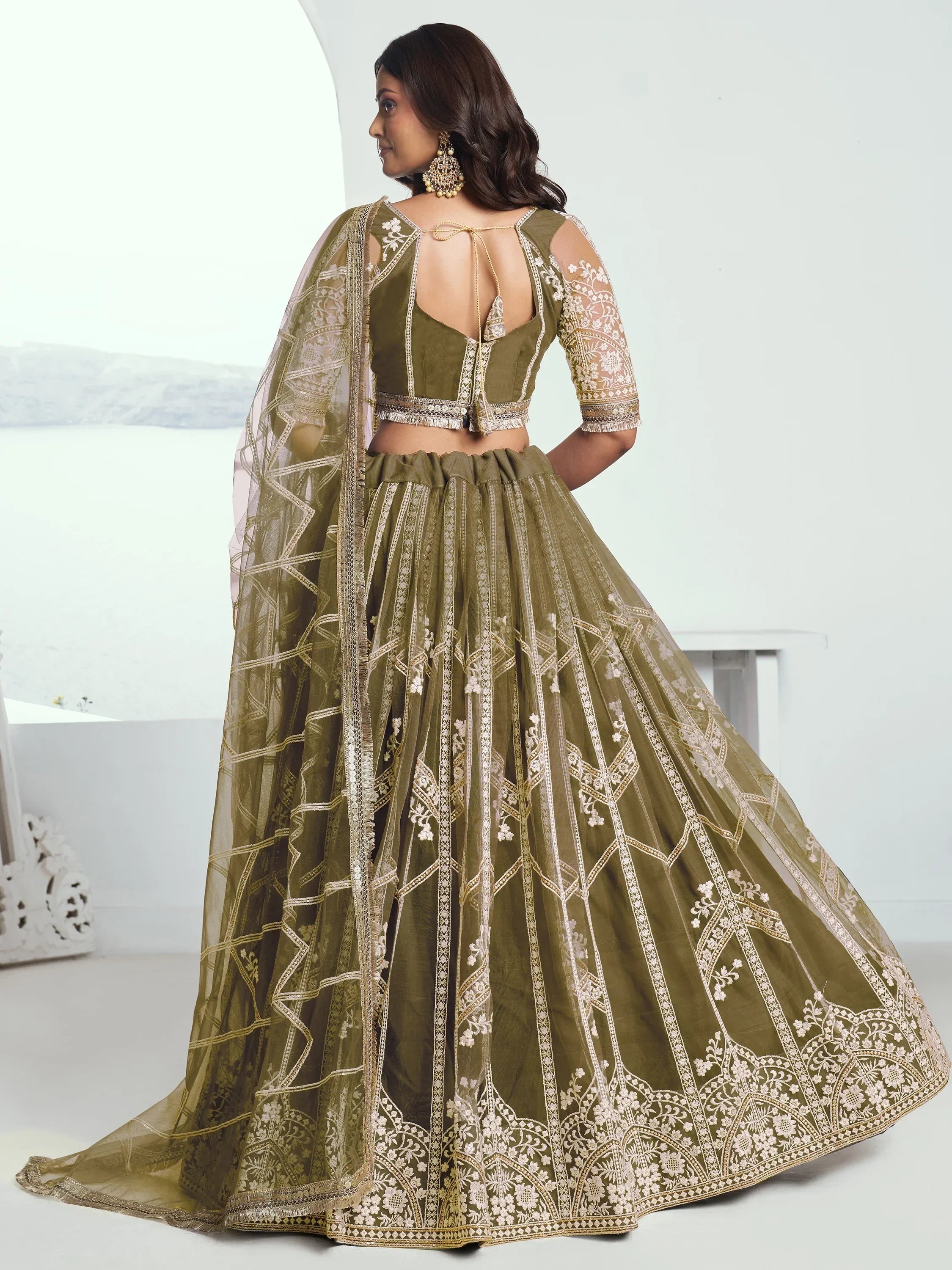 Adorable Olive Green Sequins Net Mehendi Wear Lehenga Choli