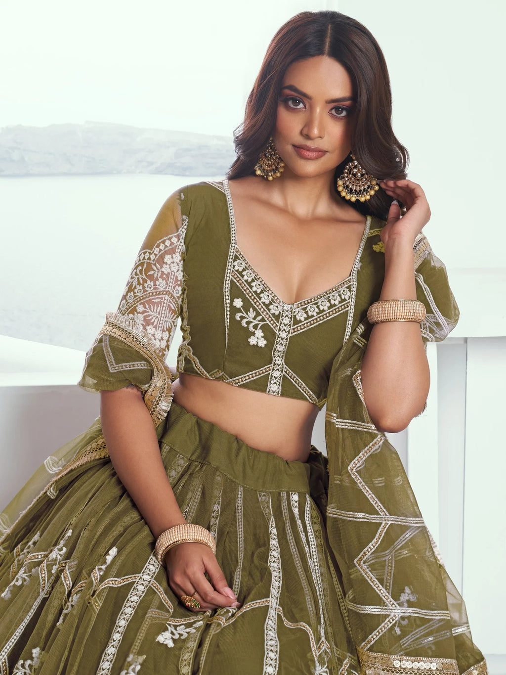 Adorable Olive Green Sequins Net Mehendi Wear Lehenga Choli