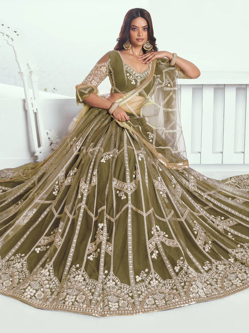 Adorable Olive Green Sequins Net Mehendi Wear Lehenga Choli