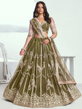 Adorable Olive Green Sequins Net Mehendi Wear Lehenga Choli