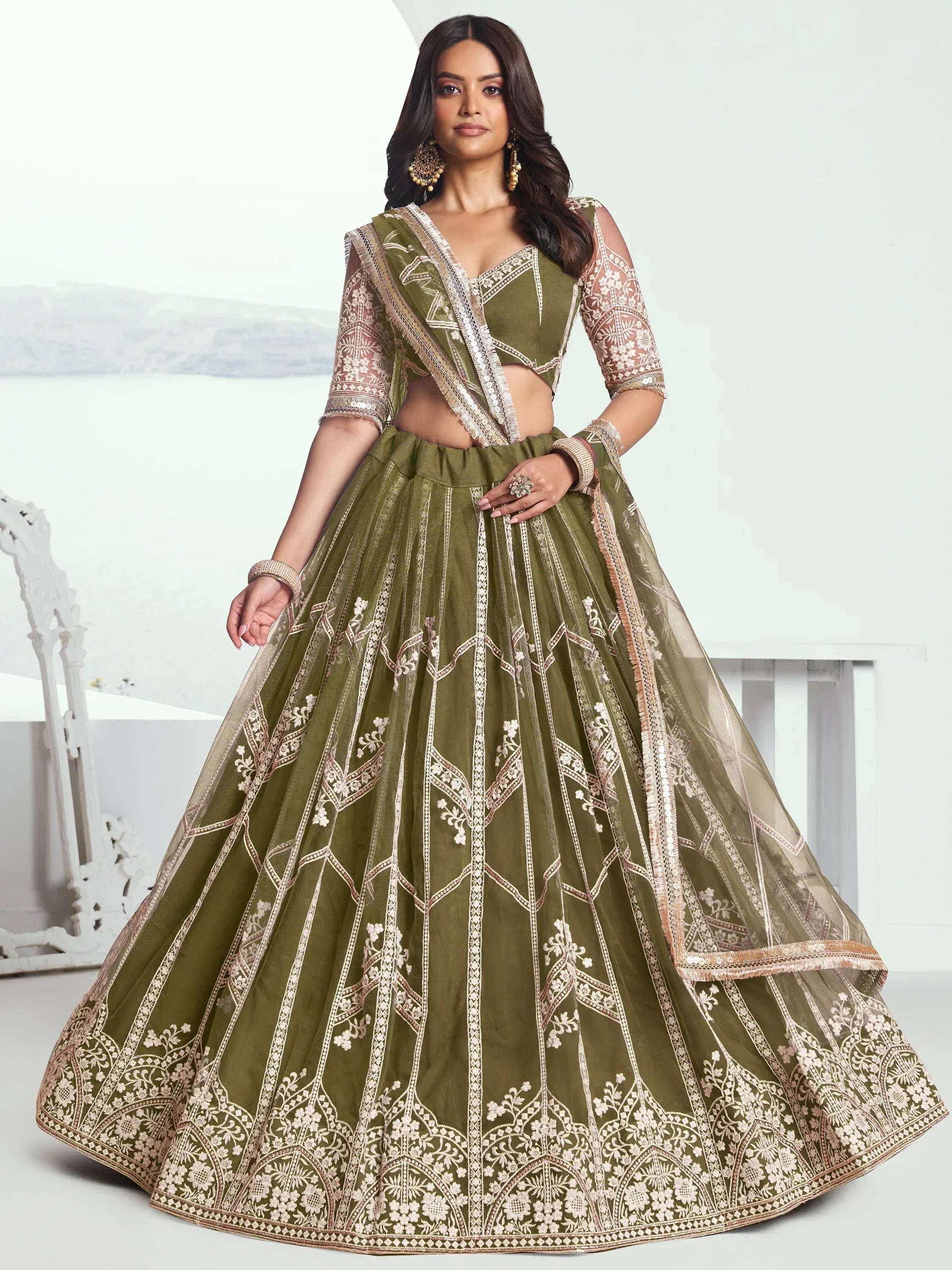 Adorable Olive Green Sequins Net Mehendi Wear Lehenga Choli