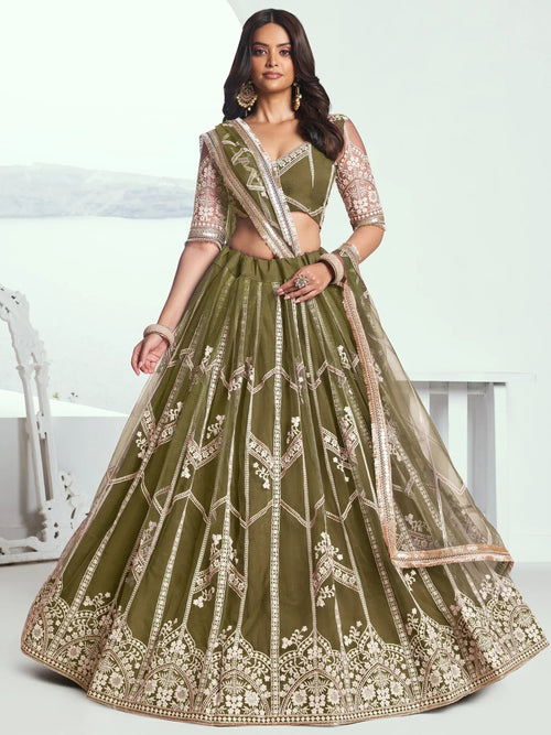 Adorable Olive Green Sequins Net Mehendi Wear Lehenga Choli