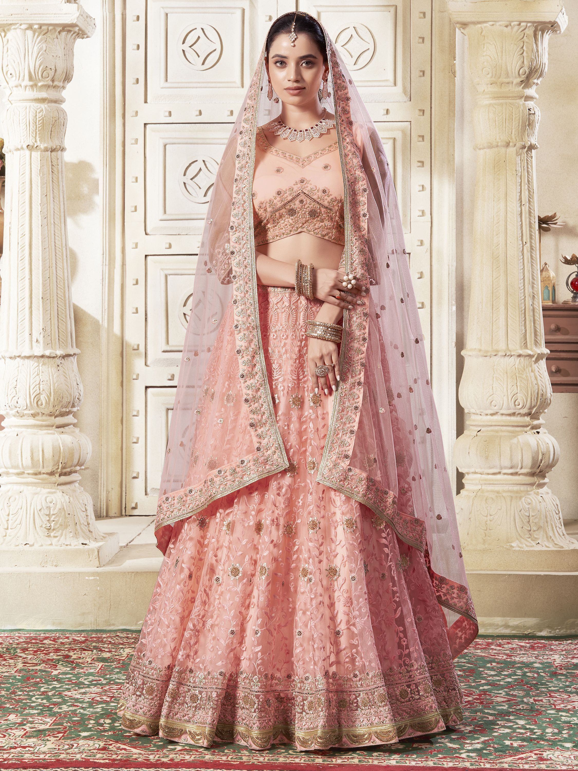 Adorable Peach Color Thread Work Net Engagement Wear Lehenga Choli