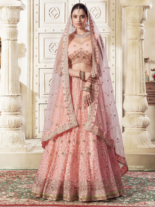 Adorable Peach Color Thread Work Net Engagement Wear Lehenga Choli