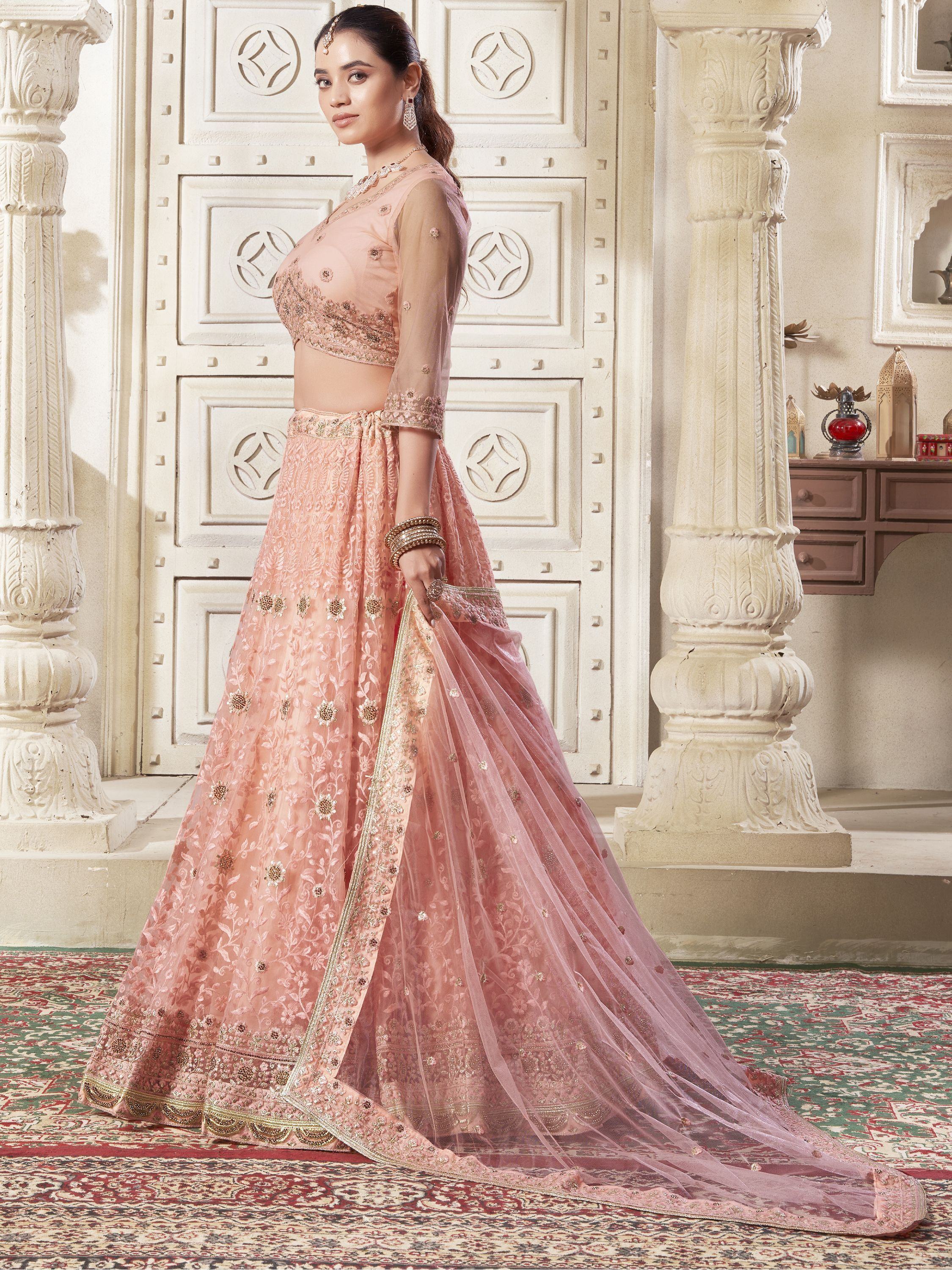 Adorable Peach Color Thread Work Net Engagement Wear Lehenga Choli