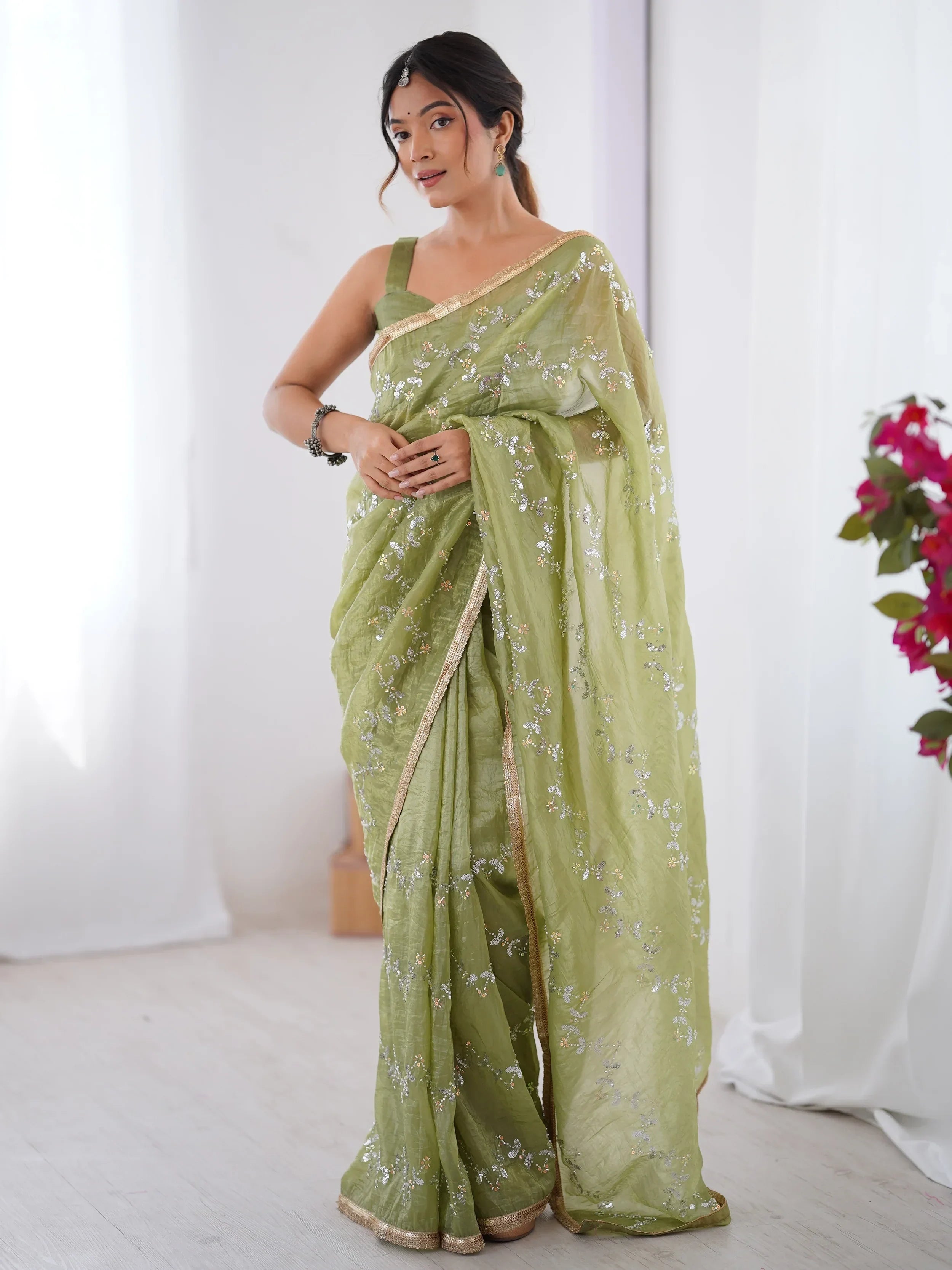 Green Gorgeous Organza Beads Work Saree With Blouse