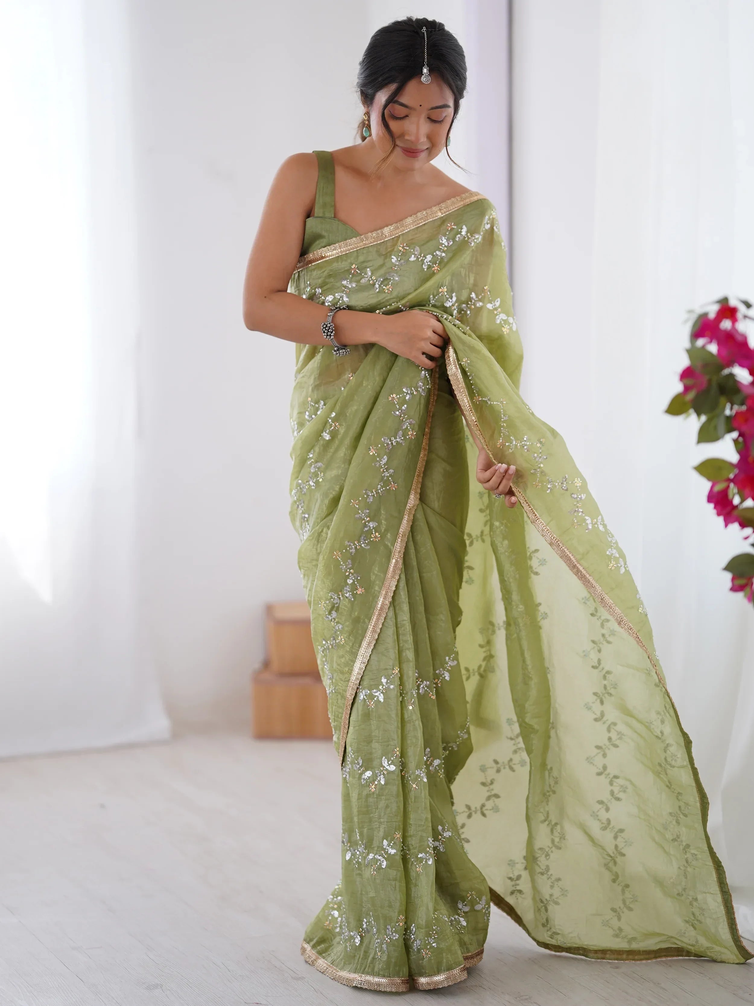 Green Gorgeous Organza Beads Work Saree With Blouse