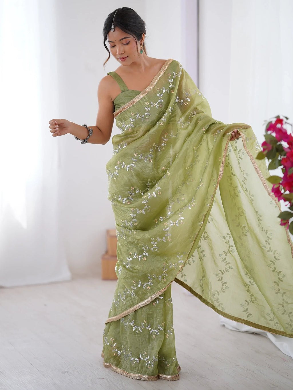 Green Gorgeous Organza Beads Work Saree With Blouse