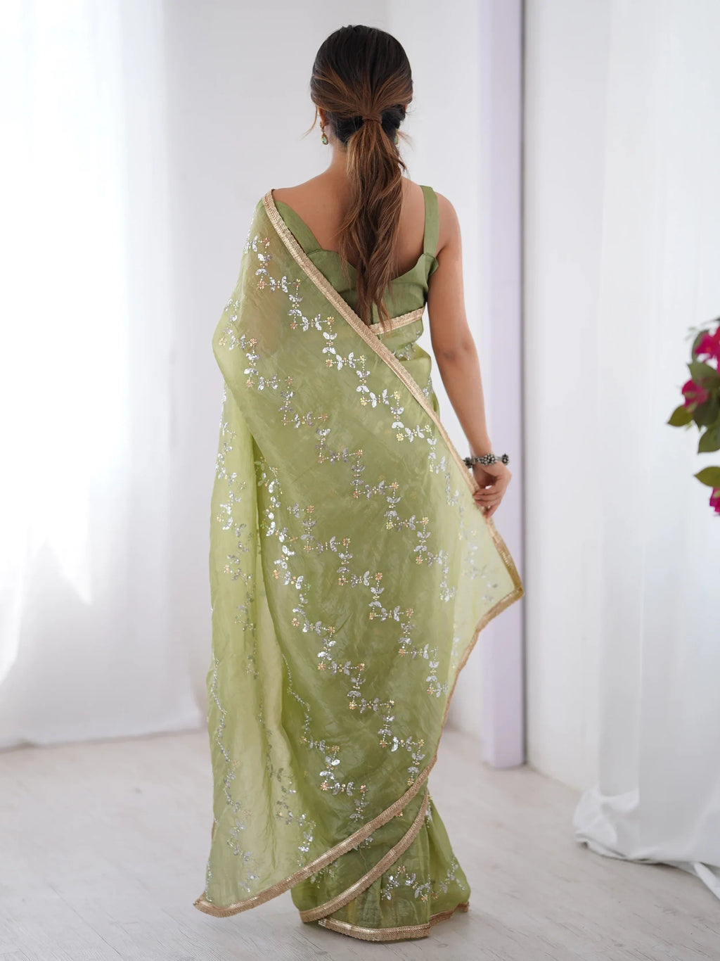 Green Gorgeous Organza Beads Work Saree With Blouse