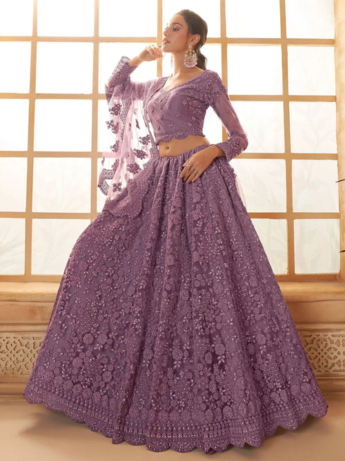 Adorable Purple Embroidery Net Designer Lehenga Choli With Dupatta